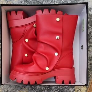 AKIRA Red Combat Boots with Gold Accents